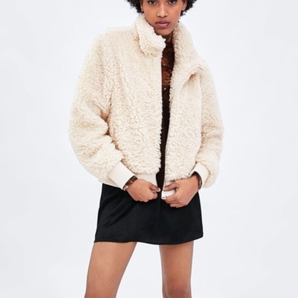 Zara Fleece Sherpa Teddy Bomber Zip Up Jacket